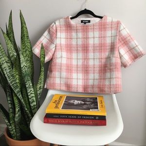 MISSGUIDED Pink Fuzzy Plaid Crop Sweater